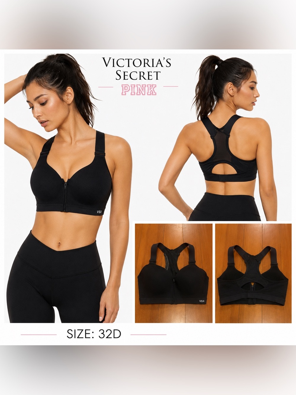 PINK Victoria's Secret Women's Black Front-Zip Sport Bra 32D